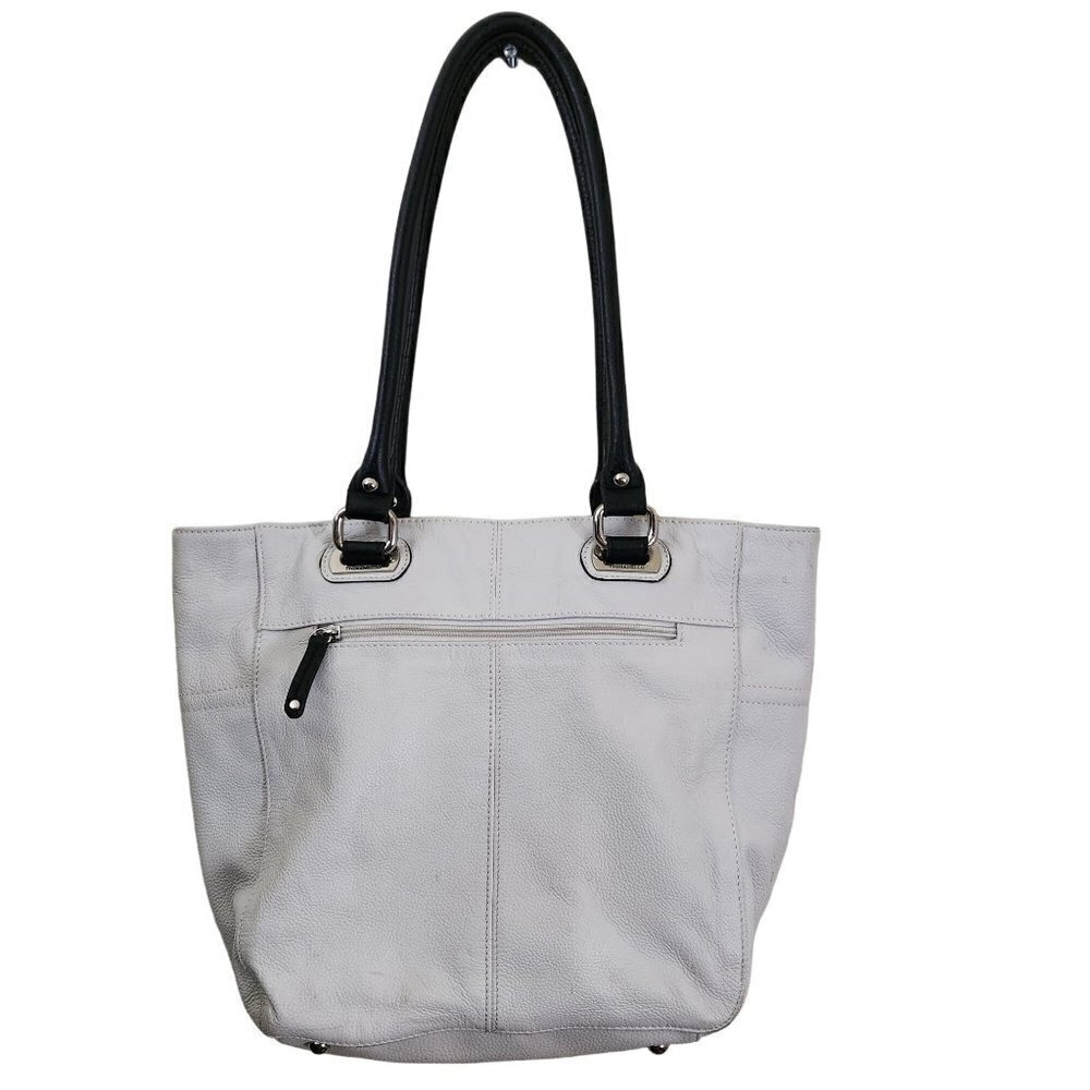 Tignanello Vintage White Pebbled Leather Black Handle Tote Bag